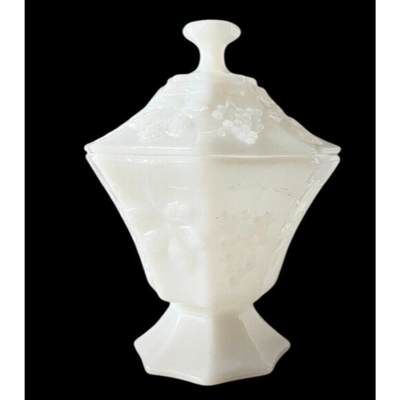 Vtg Milk Glass Lidded Candy Dish Embossed Grapes Leaves Smooth Glass Compote - Picture 1 of 13